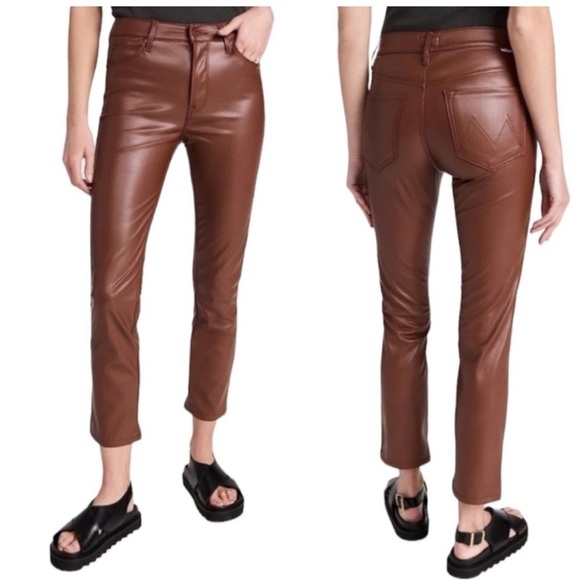 MOTHER Mid Rise Ankle Dazzler Brown Faux Leather Pants - Picture 1 of 10